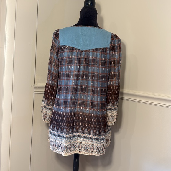 DejaVu Boho Plaid Embroidered Tunic Top Blue Brown western Peasant Large - Picture 10 of 13